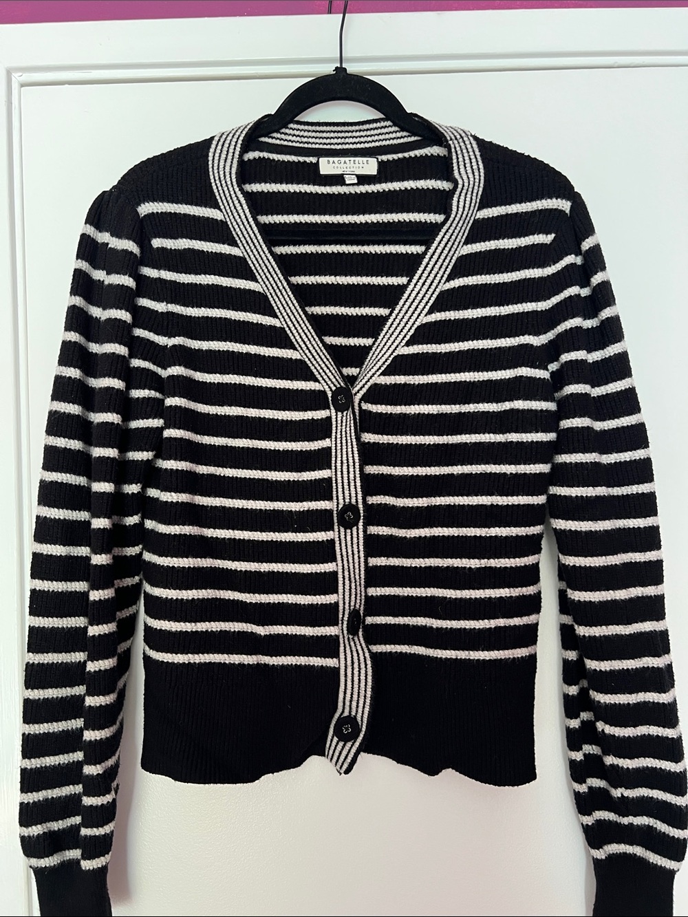 Black & White Striped V-Neck Cardigan Sweater